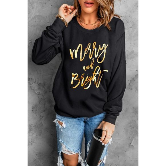 Azura Exchange  Black  Merry & Bright Letter Print Pullover Sweatshirt - Picture 6 of 10
